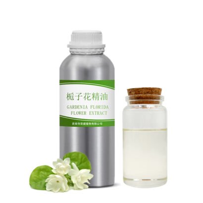 Gardenia Floral Essential Oil, Aluminum Bottle & Corked Glass Vial with Pure Transparent Oil, Fresh Gardenia Blossom Decor on White Background