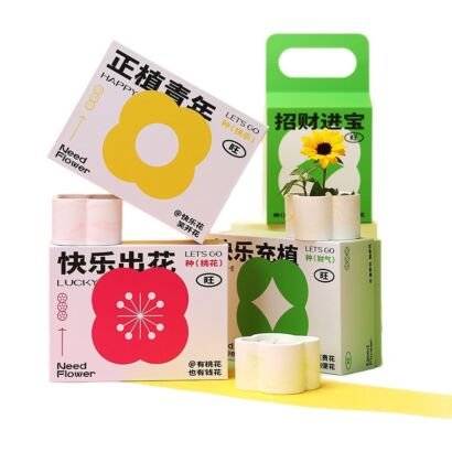 Creative giftable planting kit boxes with trendy Chinese slogans, four styles of seed growing sets with biodegradable planting pots on white background