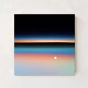 Square abstract canvas print featuring horizontal gradients of deep black space, a warm orange sunset glow line, vibrant cyan blue, soft pastel pink, and a small glowing white orb