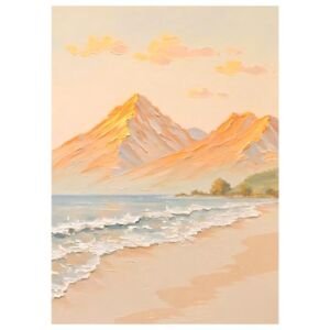 Impasto coastal mountain sunset painting, golden sunlit peaks, gentle waves lapping sandy beach canvas wall art