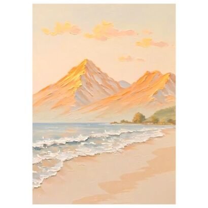 Impasto coastal mountain sunset painting, golden sunlit peaks, gentle waves lapping sandy beach canvas wall art