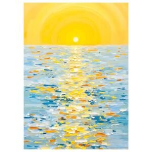 Vibrant impasto sunset seascape painting, bright golden sun and shimmering sunlight reflection on blue ocean canvas wall art