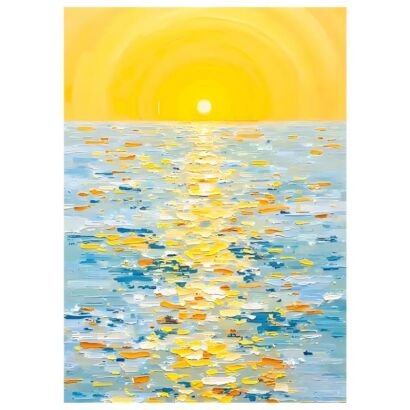 Vibrant impasto sunset seascape painting, bright golden sun and shimmering sunlight reflection on blue ocean canvas wall art
