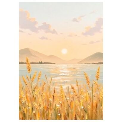 Warm sunset lakeside wheat landscape painting, golden wheat foreground, sunlit water and distant misty mountains canvas wall art
