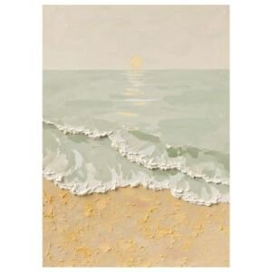3D impasto mint green beach seascape painting, textured white waves lapping sandy shore sunset canvas wall art