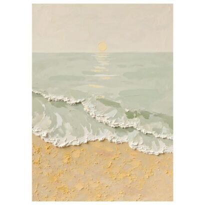 3D impasto mint green beach seascape painting, textured white waves lapping sandy shore sunset canvas wall art