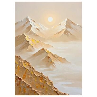 3D impasto golden sunrise snow mountain painting, misty alpine peaks sea of clouds textured canvas wall art