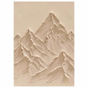 3D thick impasto beige mountain range painting, monochrome textured alpine peaks canvas wall art