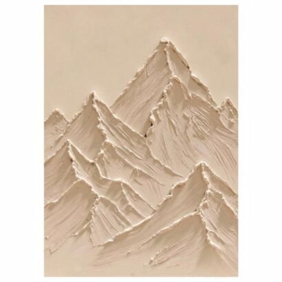 3D thick impasto beige mountain range painting, monochrome textured alpine peaks canvas wall art