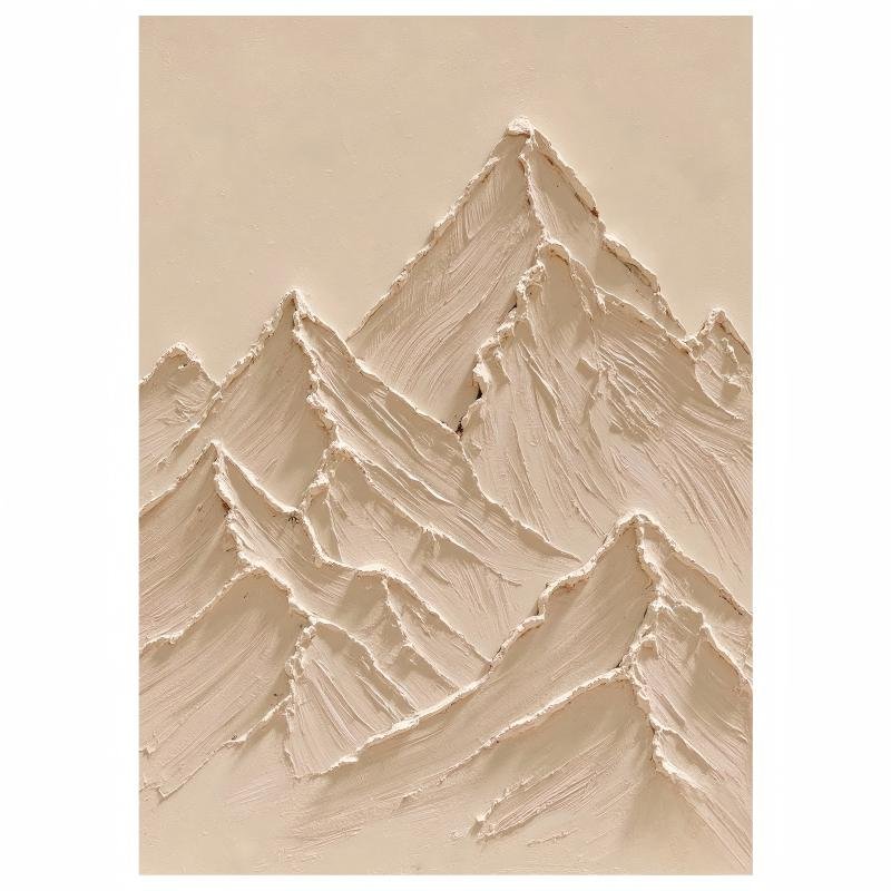 3D thick impasto beige mountain range painting, monochrome textured alpine peaks canvas wall art