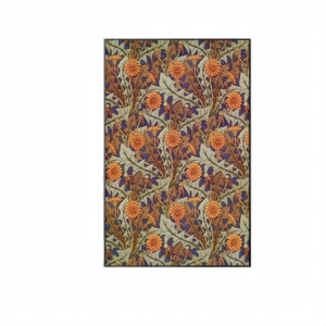 Rectangular vintage area rug featuring a dense Arts and Crafts floral motif of orange dandelions and intertwined green and purple leaves