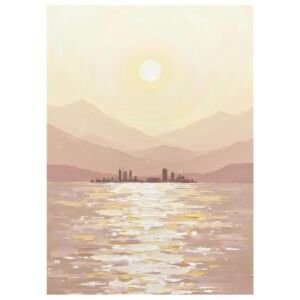 Warm beige impasto cityscape seascape painting, sunlit water reflection, distant city skyline and layered mountains canvas wall art