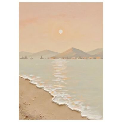 Thick impasto warm tone coastal bay painting, foamy tide beach and distant town mountain canvas wall art