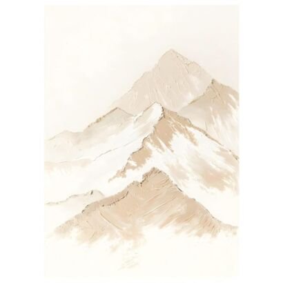 Neutral beige watercolor snow mountain painting, minimalist misty mountain range canvas wall art