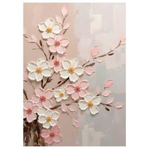 3D thick impasto pink and white cherry blossom branch painting, gradient neutral background floral canvas wall art