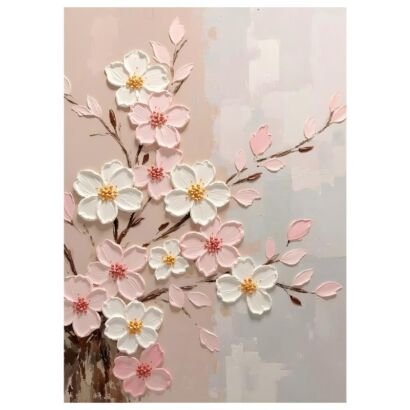 3D thick impasto pink and white cherry blossom branch painting, gradient neutral background floral canvas wall art