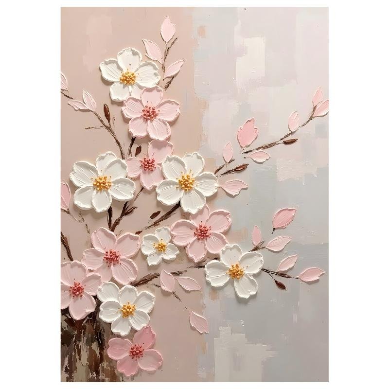3D thick impasto pink and white cherry blossom branch painting, gradient neutral background floral canvas wall art