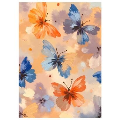 Impasto orange and blue butterfly floral painting, warm abstract dreamy butterfly canvas wall art