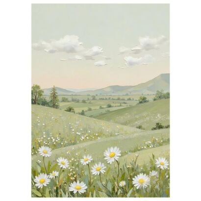 Pastoral daisy meadow rolling hills landscape painting, light green countryside nature canvas wall art