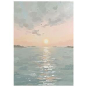 Soft pastel sunset ocean painting, calm sea with sunlight path and distant ship canvas wall art