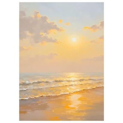 Impasto golden sunset seascape painting, sunlit ocean reflection beach canvas wall art