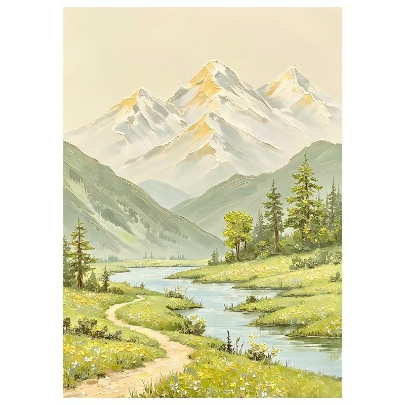 Watercolor golden peak alpine valley landscape painting, mountain meadow river trail nature canvas wall art