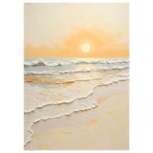 Thick impasto beach sunrise ocean painting, minimalist textured foamy tide canvas wall art