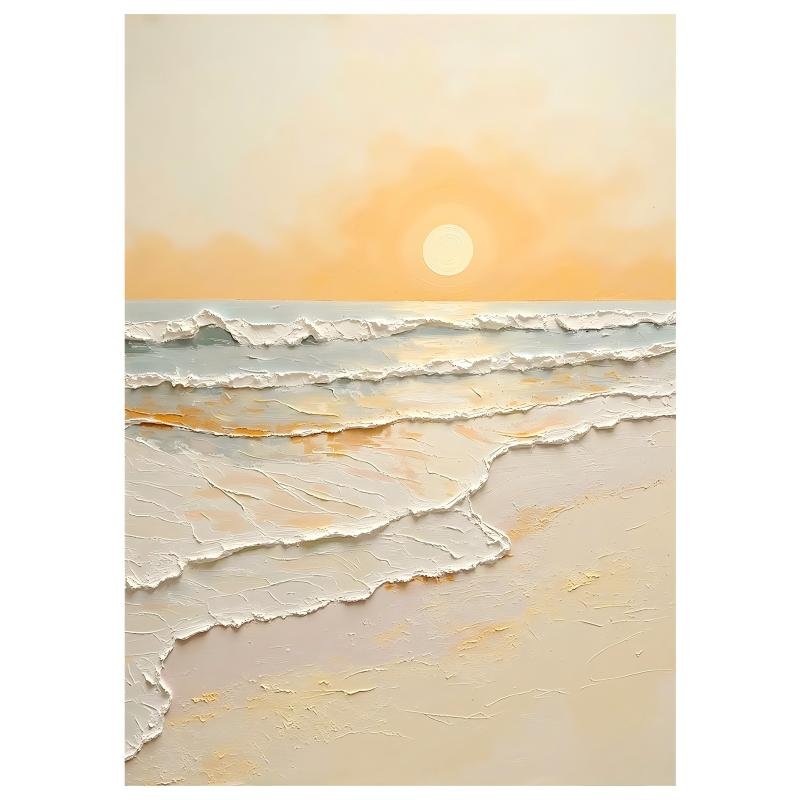 Thick impasto beach sunrise ocean painting, minimalist textured foamy tide canvas wall art