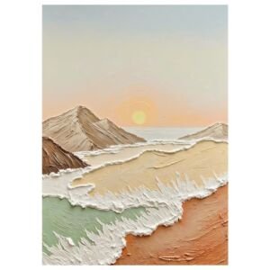 3D thick impasto coastal mountain sunset painting, textured foamy ocean wave canvas wall art
