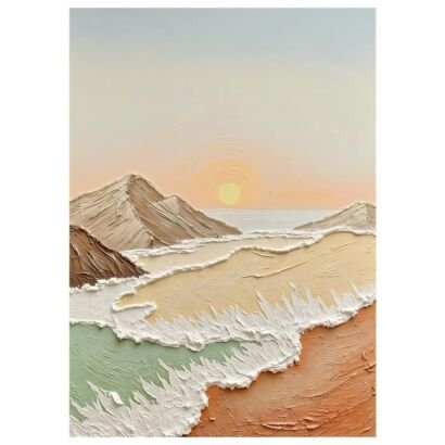3D thick impasto coastal mountain sunset painting, textured foamy ocean wave canvas wall art