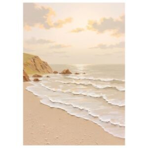 Thick impasto coastal cliff beach painting, soft neutral seaside wave canvas wall art