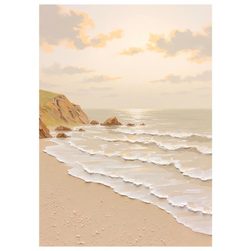 Thick impasto coastal cliff beach painting, soft neutral seaside wave canvas wall art