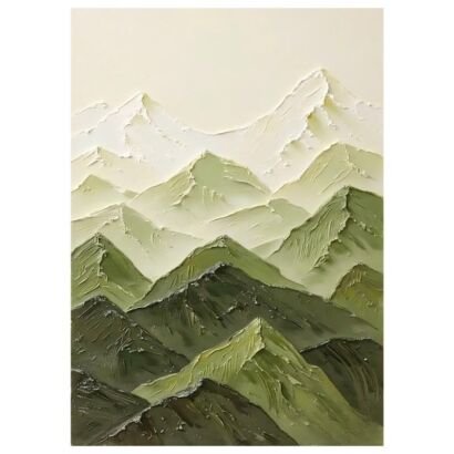 Thick impasto layered green mountain painting, gradient olive mountain range textured canvas wall art