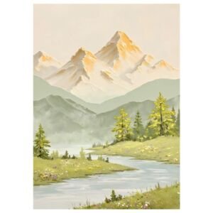 Warm golden peak mountain river landscape painting, soft pastoral alpine canvas wall art