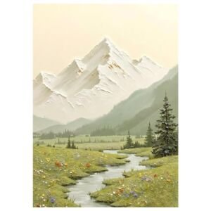 Thick impasto snow mountain valley landscape painting, alpine meadow stream nature canvas wall art