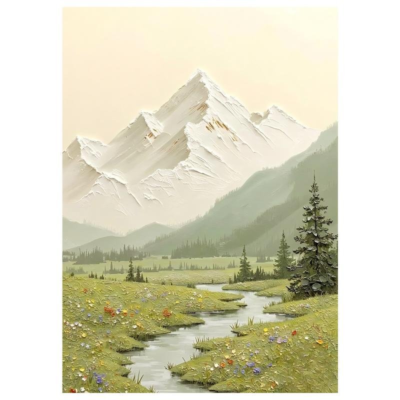 Thick impasto snow mountain valley landscape painting, alpine meadow stream nature canvas wall art