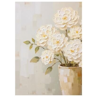 Thick impasto white camellia vase painting, textured neutral floral canvas wall art