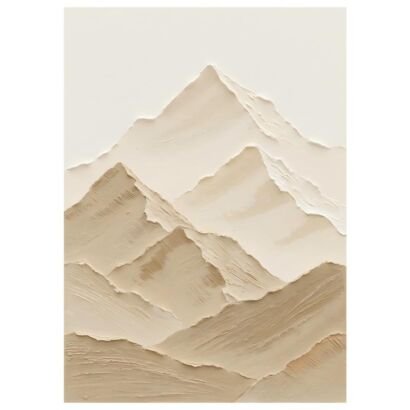 Neutral beige thick impasto mountain landscape painting, textured layered mountain canvas wall art