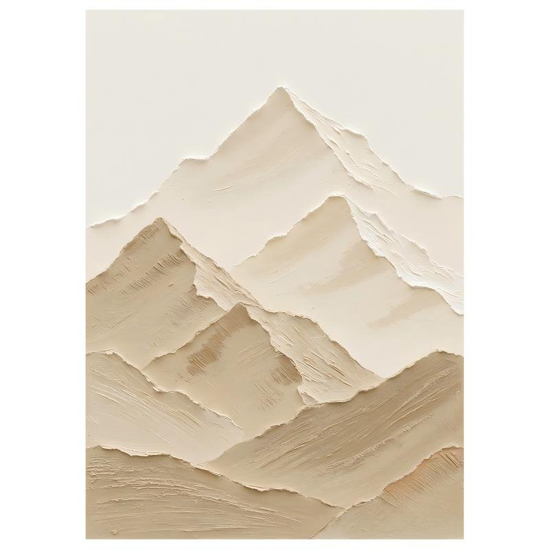 Neutral beige thick impasto mountain landscape painting, textured layered mountain canvas wall art