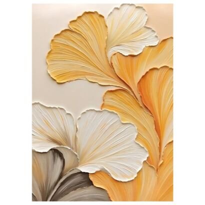 3D impasto ginkgo leaf canvas painting, warm golden texture plant wall art