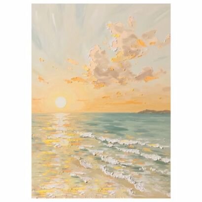 Thick impasto seaside sunset landscape painting, textured ocean wave canvas wall art