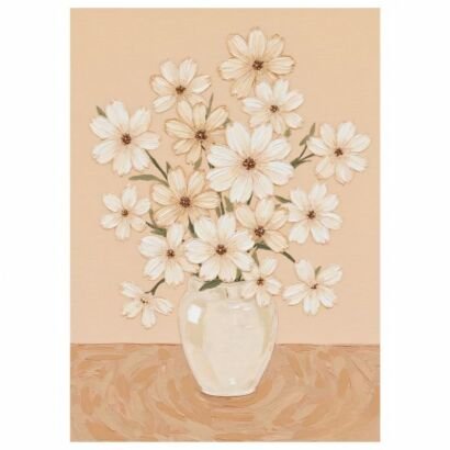 Neutral tone white daisy vase still life painting, minimalist beige floral canvas wall art