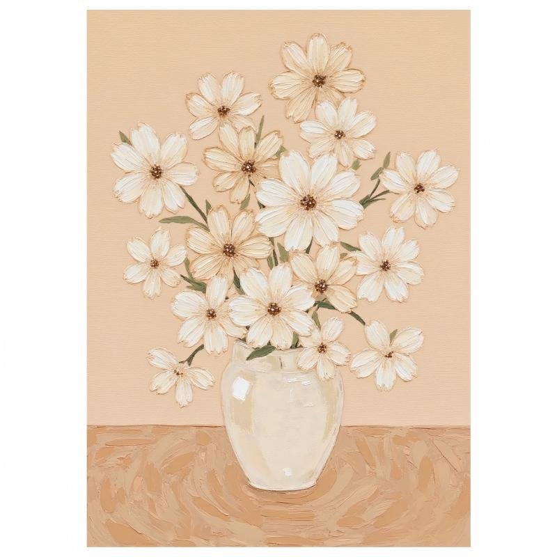 Neutral tone white daisy vase still life painting, minimalist beige floral canvas wall art