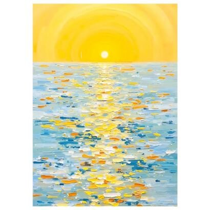 Impasto ocean sunset painting, thick brushstroke golden sunlight sea canvas wall art