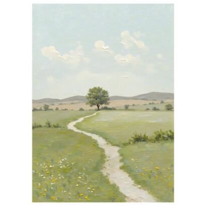 Vintage pastoral landscape oil painting print, winding path single tree countryside wall art
