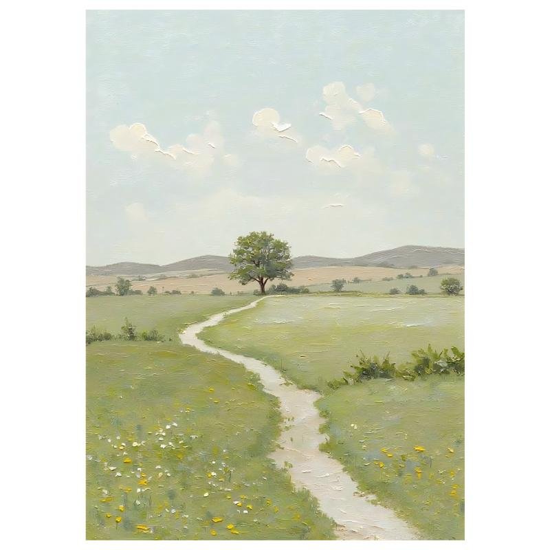 Vintage pastoral landscape oil painting print, winding path single tree countryside wall art