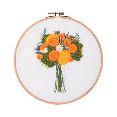 Orange flower bouquet hand embroidery hoop, floral needlework wall decor