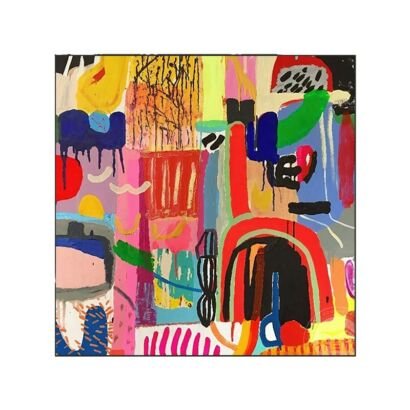 Colorful abstract expressionist painting featuring energetic brushstrokes, dripped paint, neon pink, red arches, blue shapes, and yellow accent motifs
