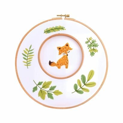 Double hoop fox hand embroidery, woodland animal leaf embroidered wall decor