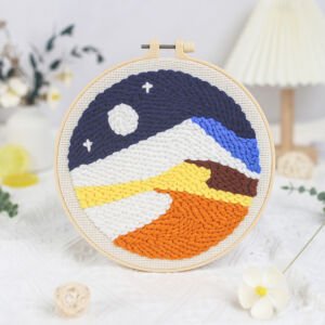 Starry mountain landscape punch needle embroidery hoop, sunset scenery tufted handmade wall decor